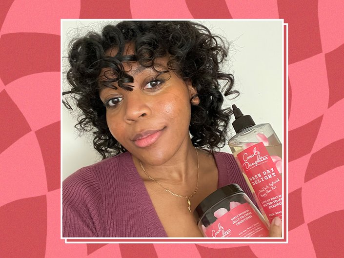 Person holding Carol’s Daughter Jelly to Cream Conditioner on a graphic pink and red background